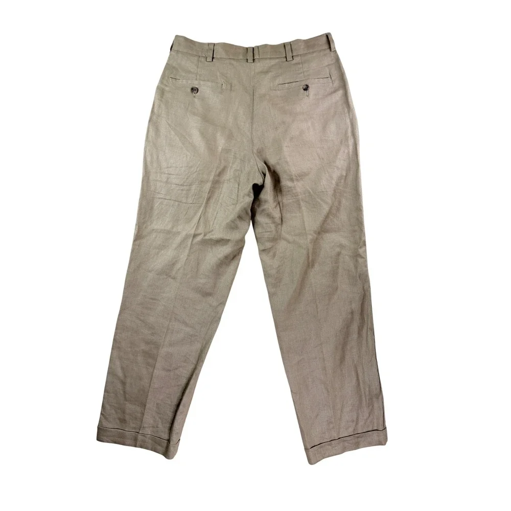Brooks Brothers Linen Trousers Mens 33x32 Khaki Pleated Cuffed 346 Dress Pants